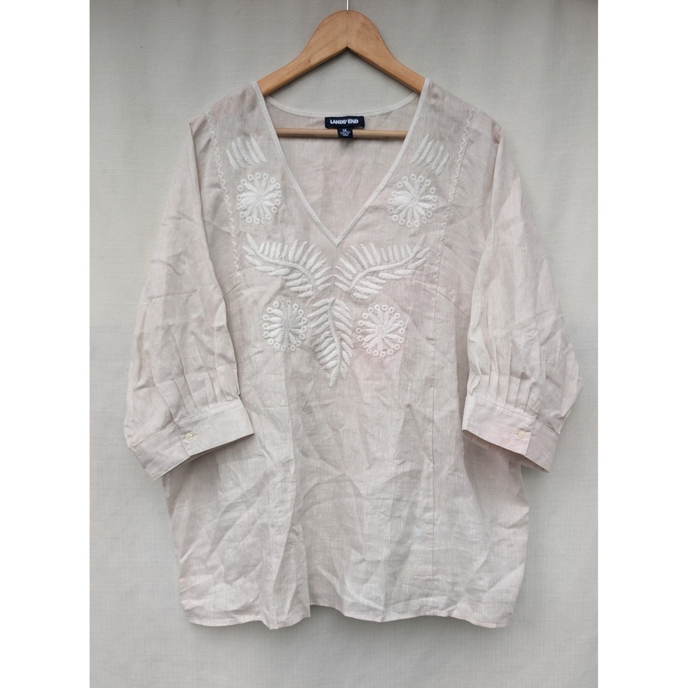Lands End Embroidered Linen Tunic Top Womens 1X Beige Coastal Grandmother Boho